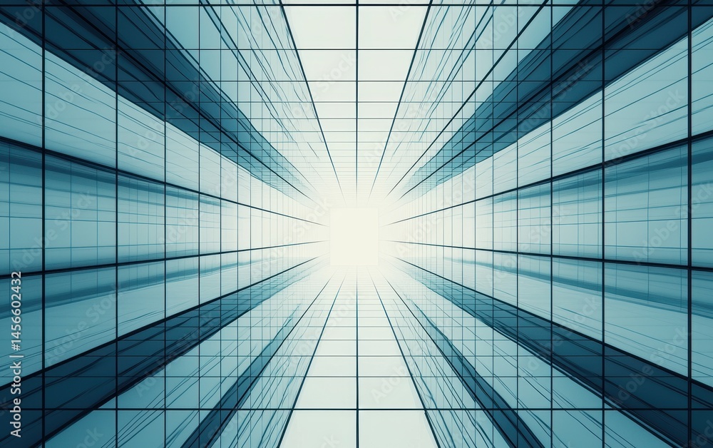 Obraz premium Modern Glass Architecture with Skyward Perspective and Symmetry