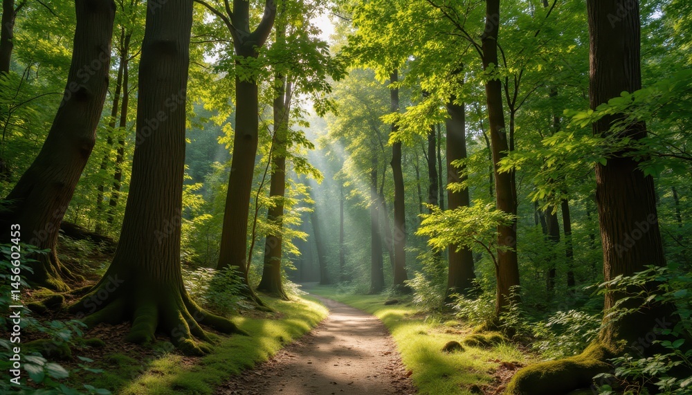 Obraz premium a tranquil forest path lined with towering trees covered in vibrant green foliage. sunlight filters through the canopy, casting dappled light onto the moss covered ground