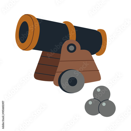 A cartoonish depiction of a cannon with three balls in it. The cannon is surrounded by a wooden platform