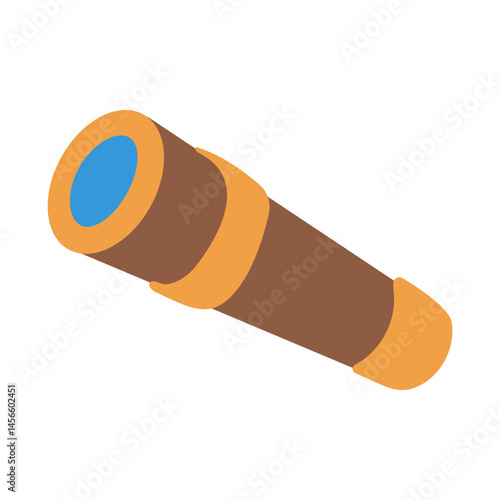 A wooden telescope with a blue lens. The telescope is on a white background. Concept of curiosity and wonder, as if the viewer is looking through the telescope to explore the world beyond