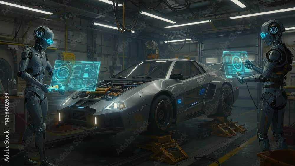 Futuristic robots working on a sleek silver car in a high-tech garage with glowing interfaces Futuristic robots working on a sleek silver car in a high-tech garage with glowing interfaces