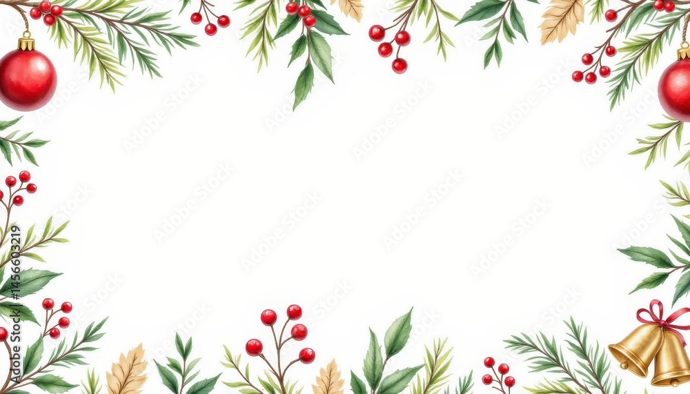 Fototapeta premium christmas watercolor seamless pattern with holly, pine branches, ornaments, and bells, painted in rich red, forest green, and gold accents.