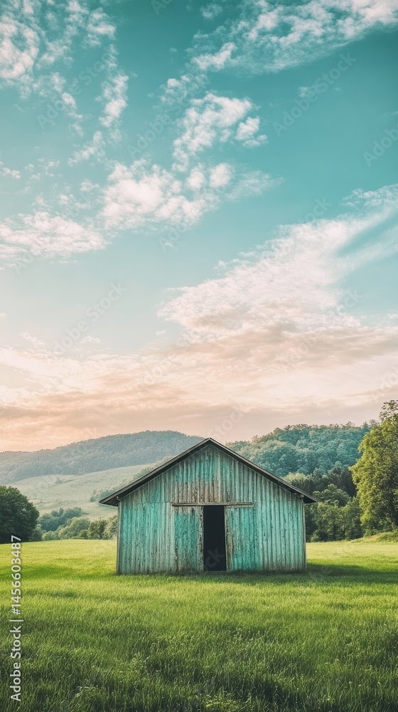 Obraz premium Rustic Barn Standing in a Lush Green Meadow at Sunset with Rolling Hills and Cloudy Sky in a Vertical Composition