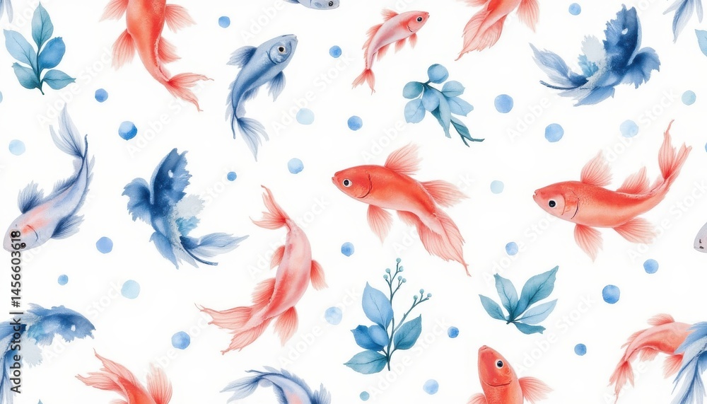 watercolor underwater fish pattern with koi, bettas, and bubbles, seamless swimming motion in soft coral and ocean blue tones. watercolor underwater fish pattern with koi, bettas, and bubbles, seamless swimming motion in soft coral and ocean blue tones.