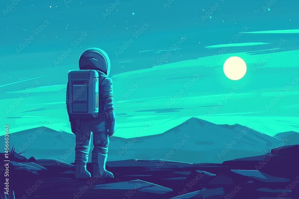 Obraz premium Astronaut gazing at a luminous moon over distant alien landscape
