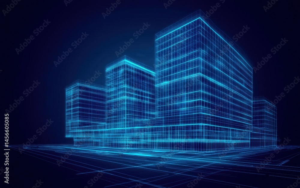 Futuristic Digital Cityscape with Neon Blue Wireframe Buildings Futuristic Digital Cityscape with Neon Blue Wireframe Buildings