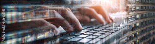 Using a laptop and futuristic virtual interface, a data scientist and programmer delve into financial data analysis, relying on algorithms to drive global business growth, strategy, and digital