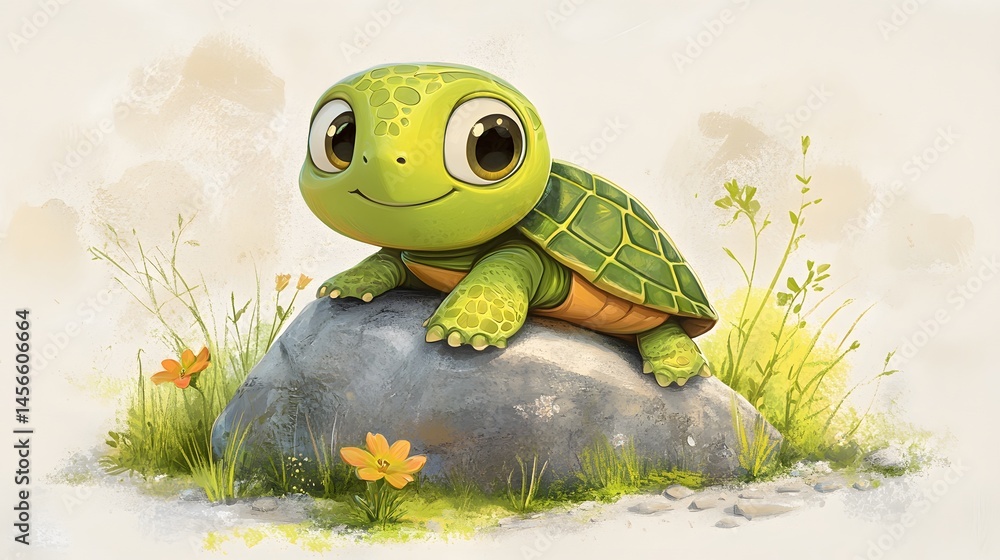 Fototapeta premium Cute little turtle on a rock in a grassy scene.