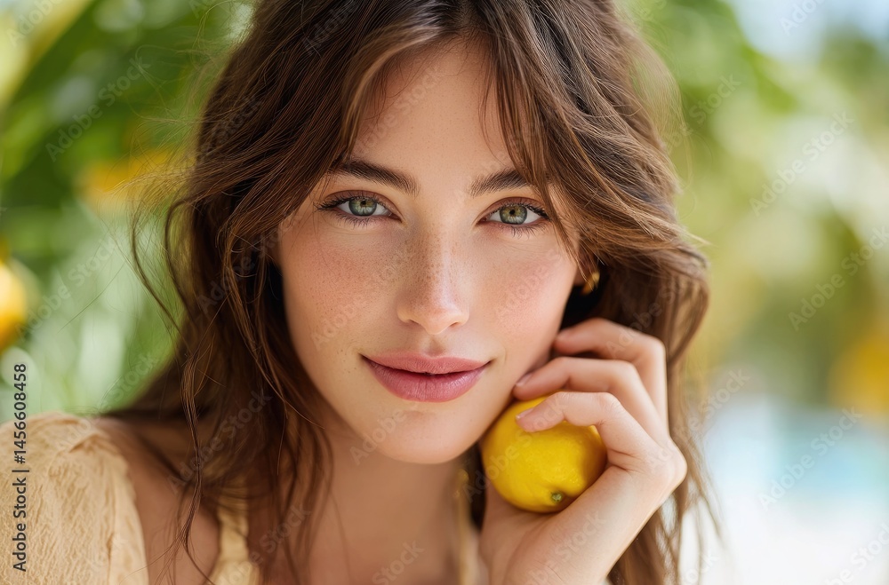 A beautiful woman with brown hair and light skin holding a lemon, she is posing for the camera A beautiful woman with brown hair and light skin holding a lemon, she is posing for the camera