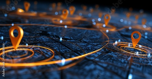 A digitally generated map highlights a location with two pinned markers, signifying the integration of AI technology in GPS and innovative approaches to delivery