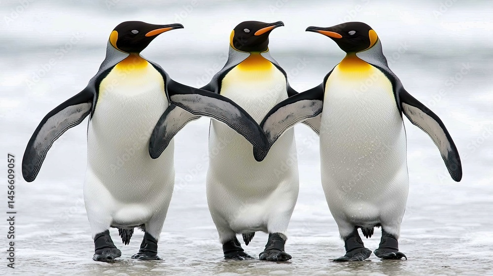 Fototapeta premium Three king penguins standing together on a beach, wings touching.