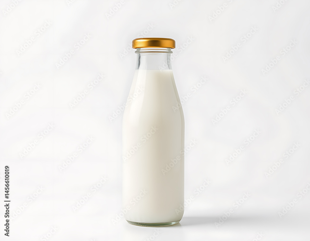 Glass Bottle of Milk with Golden Cap on White Background Glass Bottle of Milk with Golden Cap on White Background
