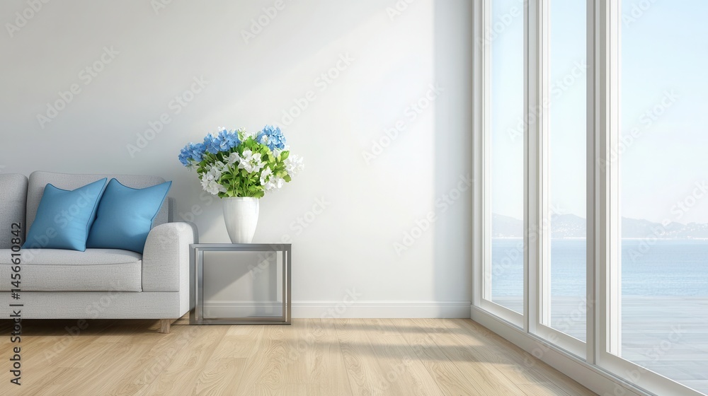 Fototapeta premium Bright Living Room with Modern Sofa and Flowers Near Large Windows