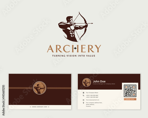 Strong Hercules Heracles with Bow Longbow Arrow, Muscular Archer Silhouette Logo design