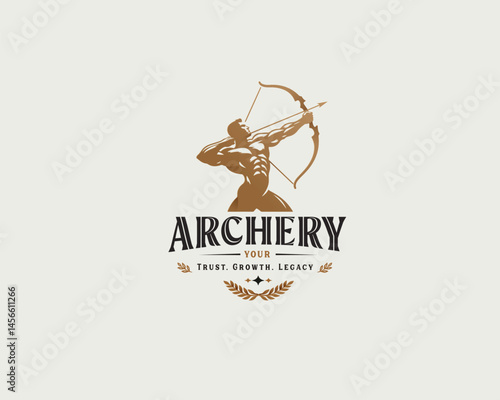 Strong Hercules Heracles with Bow Longbow Arrow, Muscular Archer Silhouette Logo design