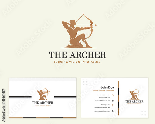Strong Hercules Heracles with Bow Longbow Arrow, Muscular Archer Silhouette Logo design
