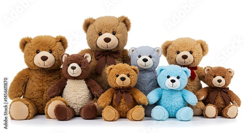 Stuffed animal collection lined up on a white background