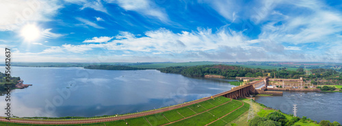 Tableau sur toile Aerial view of Dam at reservoir with flowing water, hydroelectricity power station