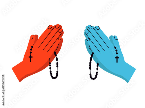 Folded hands. Praying hands with christian rosary, symbol of catholic religion. Praying to God or being thankful. Vector illustrations on isolated white background