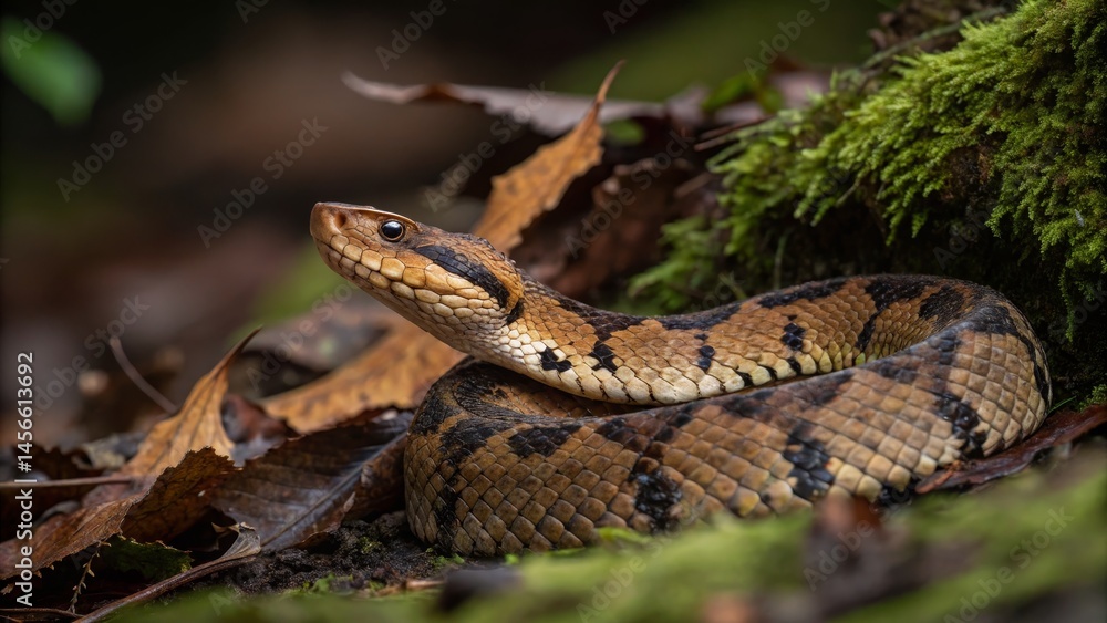 Fototapeta premium Coiled Brown Forest Snake Close-up Photography, Wildlife, Reptile, Nature, Venomous Snake,Reptile