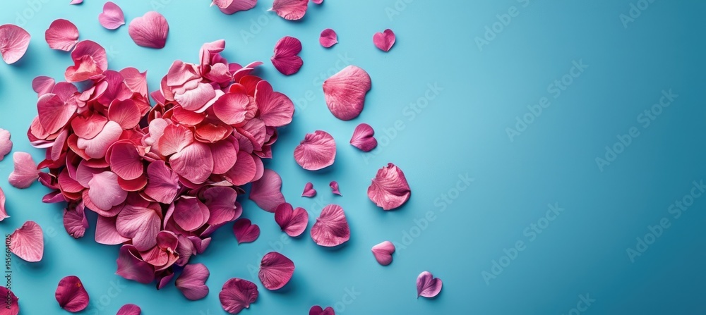 A beautiful arrangement of soft pink flower petals shaped into a heart on a light blue background. Perfect for themes of love, romance, and celebration. A beautiful arrangement of soft pink flower petals shaped into a heart on a light blue background. Perfect for themes of love, romance, and celebration.