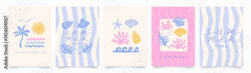 Abstract summer poster in doodle naive. Modern prints with hand drawn palm tree, sun, sea, wave, seashells. Vacation and beach concept. Trendy design for cards, wall art, branding.	
