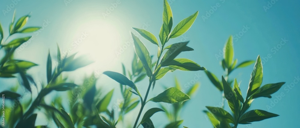 Naklejka premium Fresh green leaves reaching up to the sun against a clear blue sky low angle nature photography