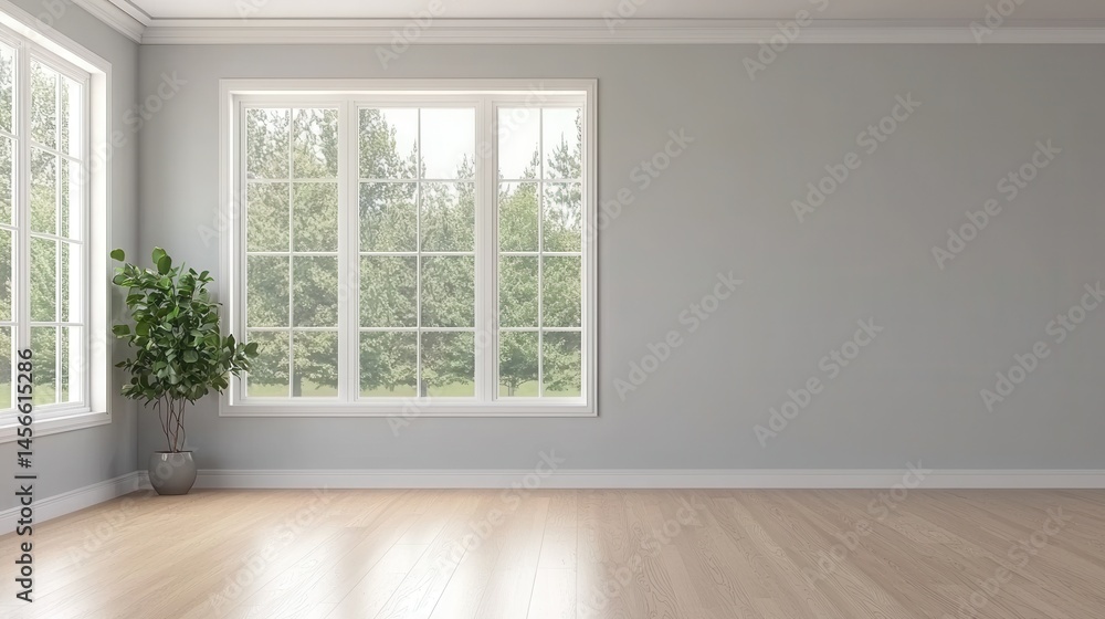 Fototapeta premium Bright and Airy Interior Space with Large Windows and Greenery