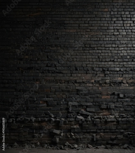 Dark, textured black brick wall; crumbling mortar, deep shadows, grunge aesthetic  ,  wall texture,  industrial,  rough