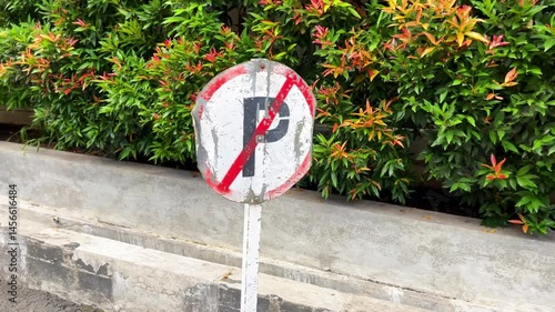 No Parking Sign: Weathered Roadside Prohibition