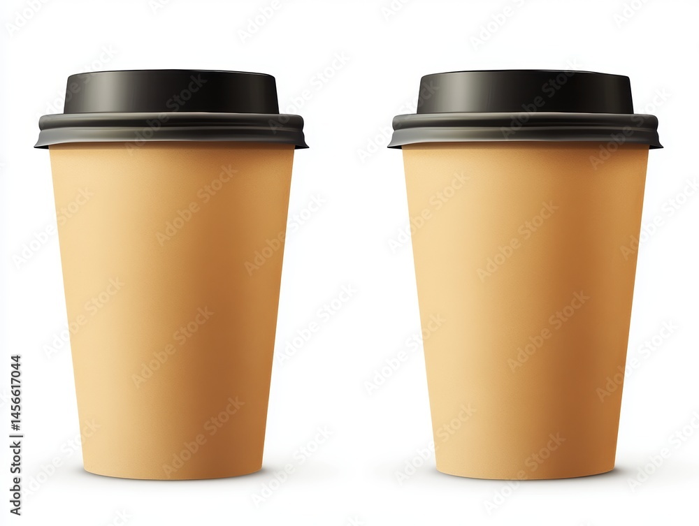 Two paper coffee cups with black lids studio shot on white background close up view for cafe menu design Two paper coffee cups with black lids studio shot on white background close up view for cafe menu design