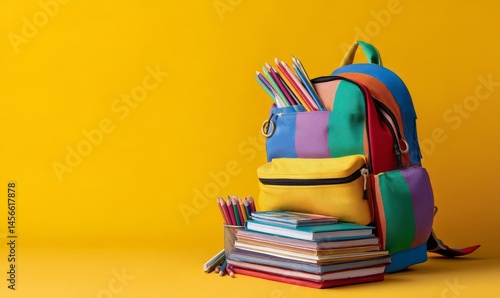 Wallpaper Mural A backpack full of vibrant school materials like pencils, markers, scissors, and notebooks sits in a donation box against a soft yellow backdrop Torontodigital.ca