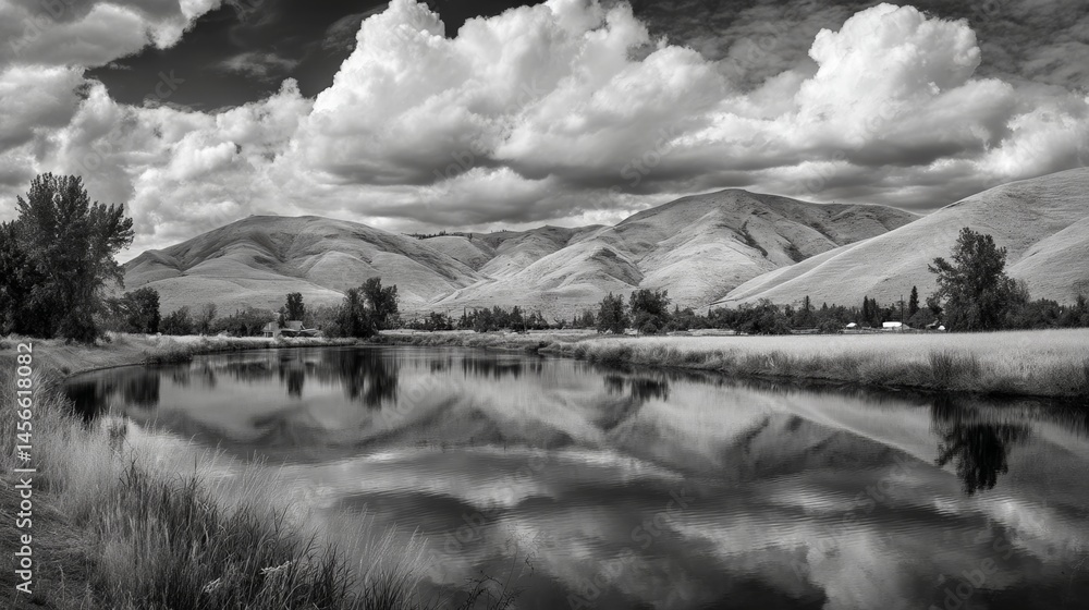 Fototapeta premium A lake's tranquil surface reflects the clouds, producing a surreal and artistic black and white mirror effect