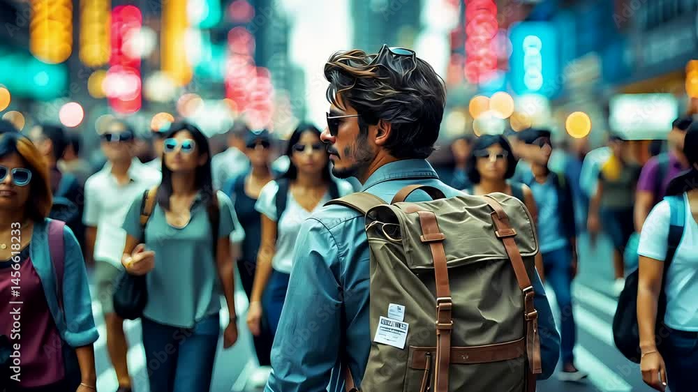 Man with Backpack Walking Through Crowded Neon-Lit City Street Man with Backpack Walking Through Crowded Neon-Lit City Street