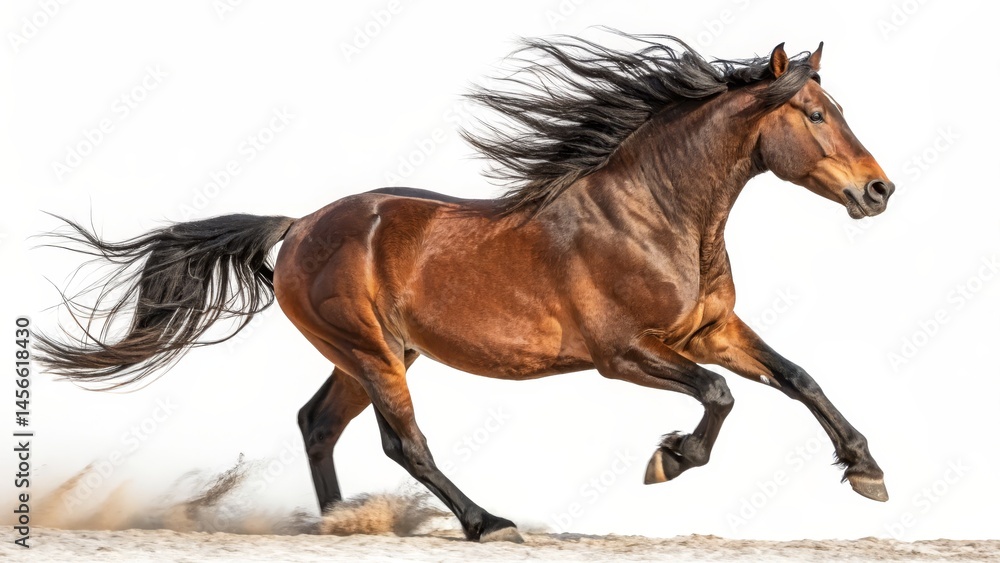 Obraz premium Dynamic Bay Mustang Galloping, Isolated White Background, Wild Horse, Equestrian Photography, Horse, Mustang Wild Horse Photography, Equestrian Art