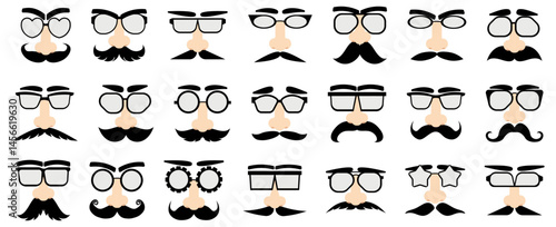 Set of funny disguise with mustache and glasses in a flat design