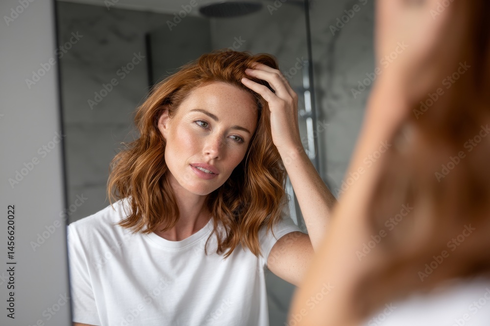 Fototapeta premium A charming woman with long red hair is captured in a portrait, standing in her bathroom in the morning, playing with her locks while gazing into the mirror