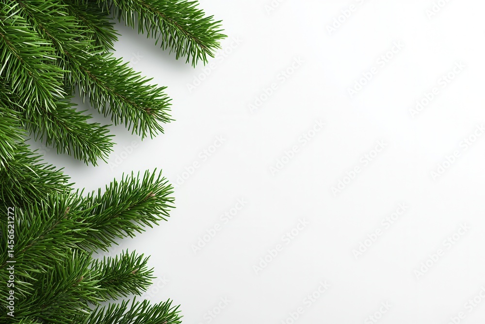 Obraz premium Snowy winter branches forming elegant evergreen holiday border against pristine white backdrop with spacious copywriting area