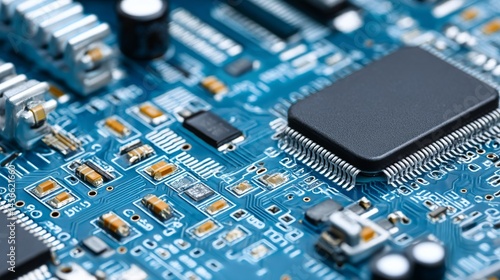 Intricate semiconductor chips connected to motherboard components are visible in a close-up macro view on a high-tech electronic circuit board background