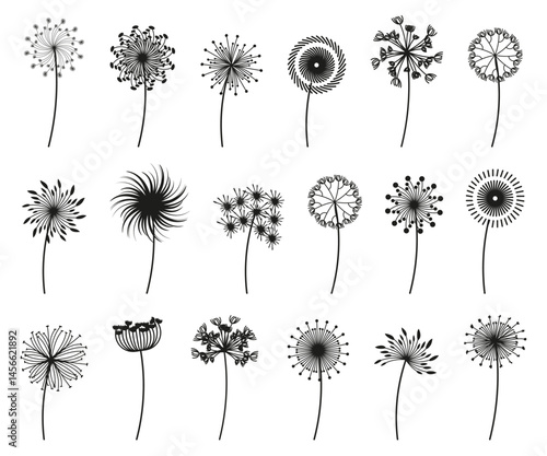 Dandelion blowball silhouette collection in black. Vector illustration