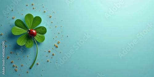 Marienkäfer auf vierblättrigem Kleeblatt mit Goldstaub auf türkisfarbenem Hintergrund