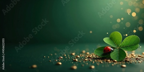 Makroaufnahme: Glückskäfer auf Kleeblatt im goldenen Glanz