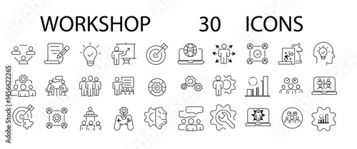 Workshop set of web icons in line style. Business Workshop icons for web and mobile app. Containing team building, teamwork, coaching, meeting, managing, 
