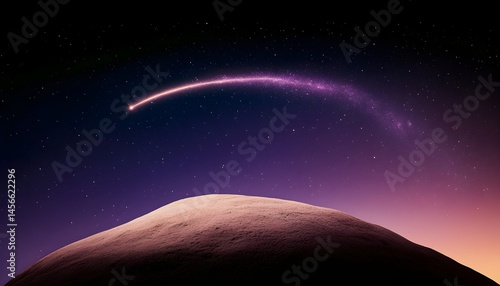 A vibrant comet streaks across a twilight sky, arcing over a softly lit hill.  The scene is serene and mysterious