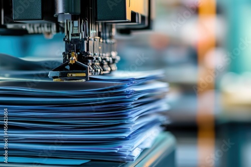 Close up of a collating machine assembling documents in a printing factory; eye level view of automated process