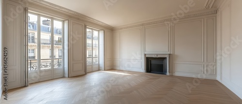 Empty Apartment Interior View in Paris France with Herringbone Wood Floor and Fireplace Architectural Detail