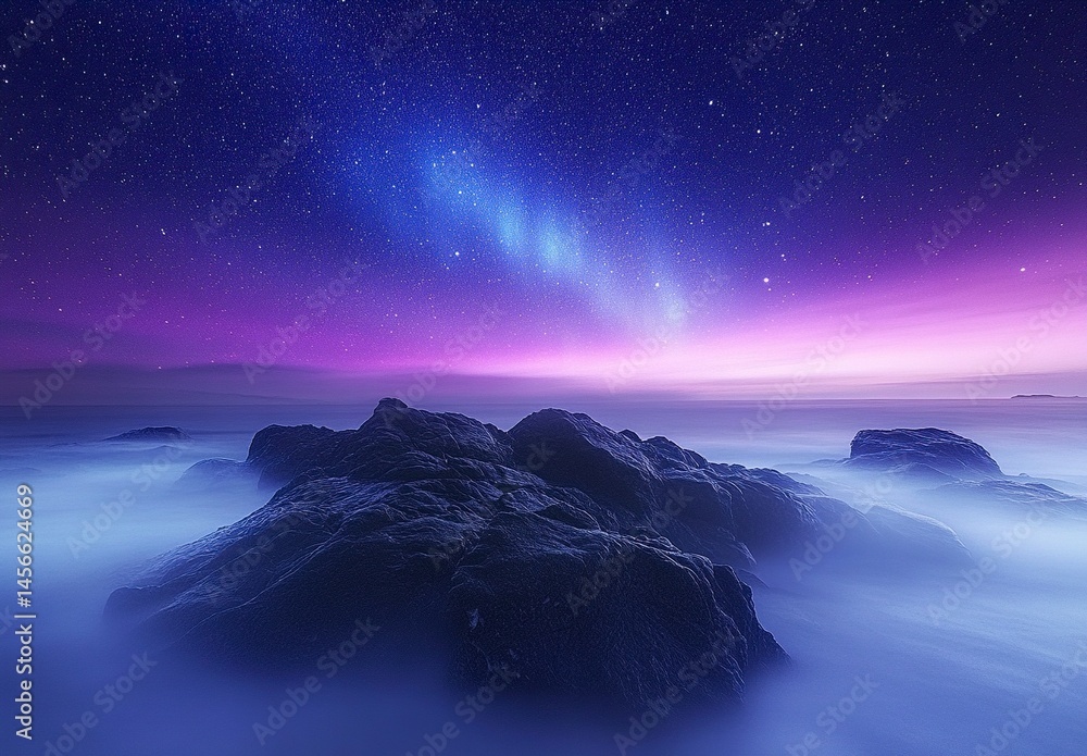 Naklejka premium Beautiful aurora light display over the sea with rocks on the winter Lofoten Islands, Norway landscape. Northern lights in the sky during nighttime. Landscape concept. Blue and purple colors.
