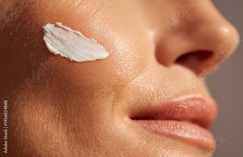 A woman's face is shown in close-up, with a calming cream applied to her cheek as part of a skincare regimen, emphasizing glowing skin and a concentration on self-care and beauty