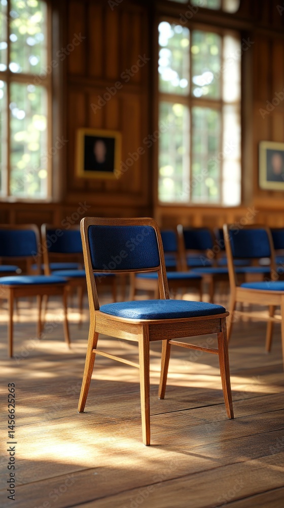 Auditorium's wooden chairs in row, awaiting gathering Auditorium's wooden chairs in row, awaiting gathering