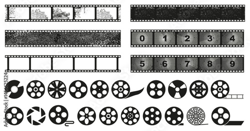 Retro film reel icon collection. Set of black filmstrip icons